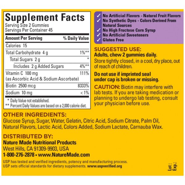 Vitamina Nature Made gomitas biotina cabello piel uñas 90 un