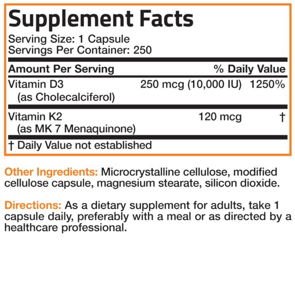 Vitaminas Bronson K2 MK7 y D3 cápsulas no genéticamente modificadas