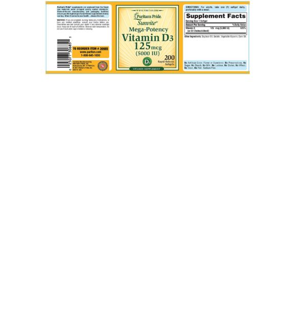 Vitaminas D3 Puritan's Pride 5000 UI softgels vista frontal