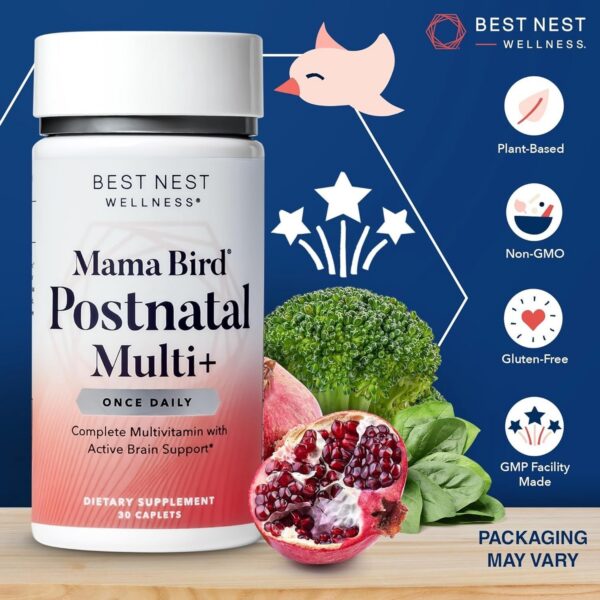 Vitaminas postnatales veganas Best Nest Wellness frasco lateral