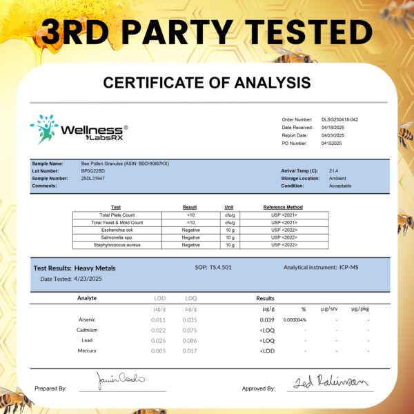 Polen de abeja orgánico Wellness LabsRx - nutrición por porción