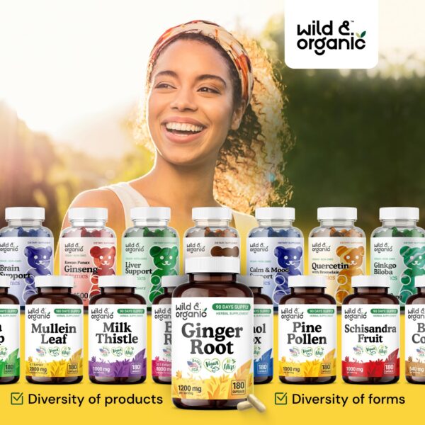 Cápsulas Wild & Organic jengibre veganas en fondo blanco