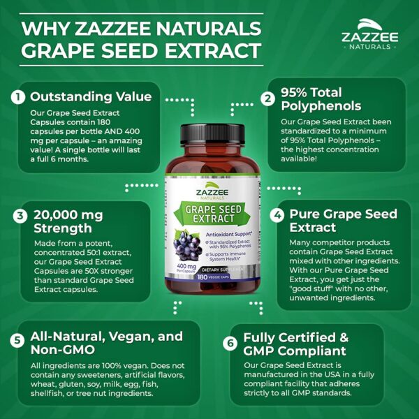 Zazzee extracto de semilla de uva para salud antioxidante